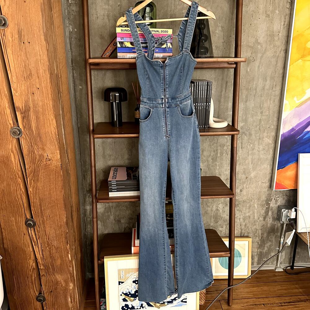 Free People We the Free CRVY 2nd Ave One Piece Denim Overalls Cerulean Blue - Picture 2 of 6